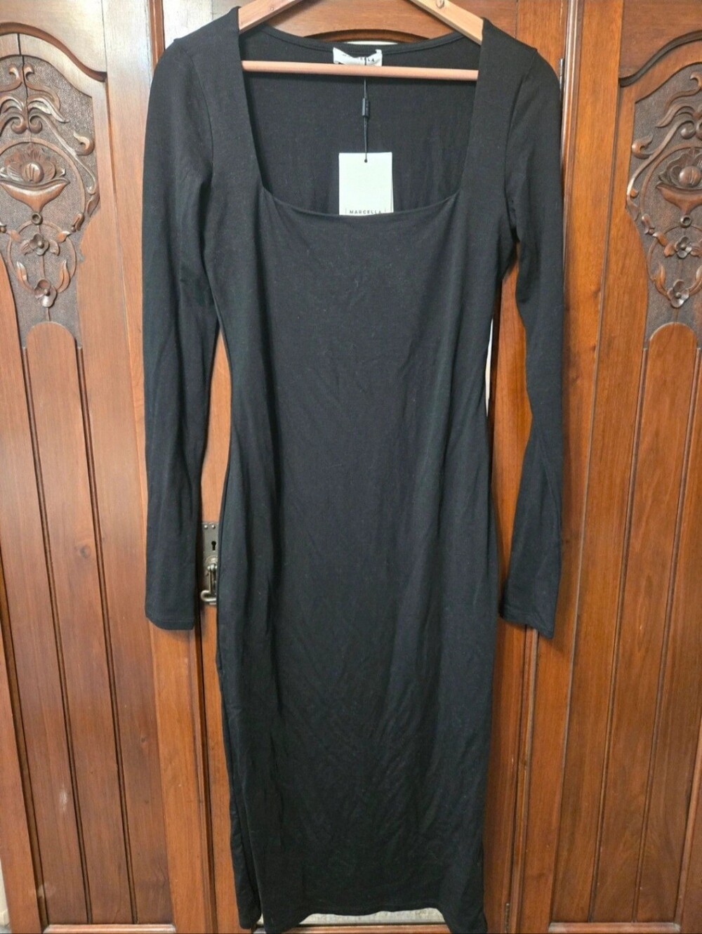 Marcella Black Long Sleeve Square Neck Midi Dress